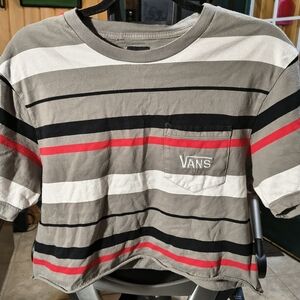 Vans Women’s Striped Pocket Tee — Gray with Red & Black Stripes